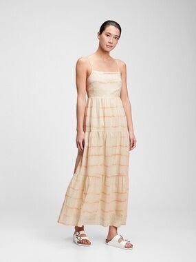 GAP Squareneck Tiered Maxi Dress light brown tie dye cream cotton linen sz 0